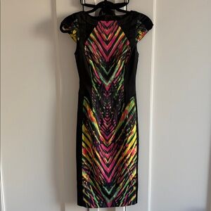 Karen Millen Black Dress with Neon Pink, Yellow and Green Print
